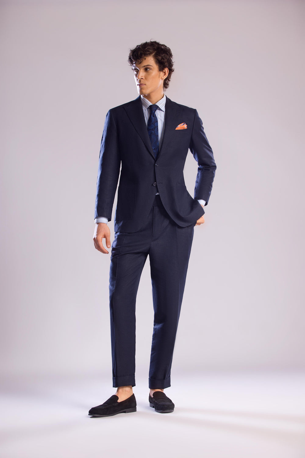 Mohtaram - 2-Piece Linen Suit with Peak Lapel in Midnight Blue