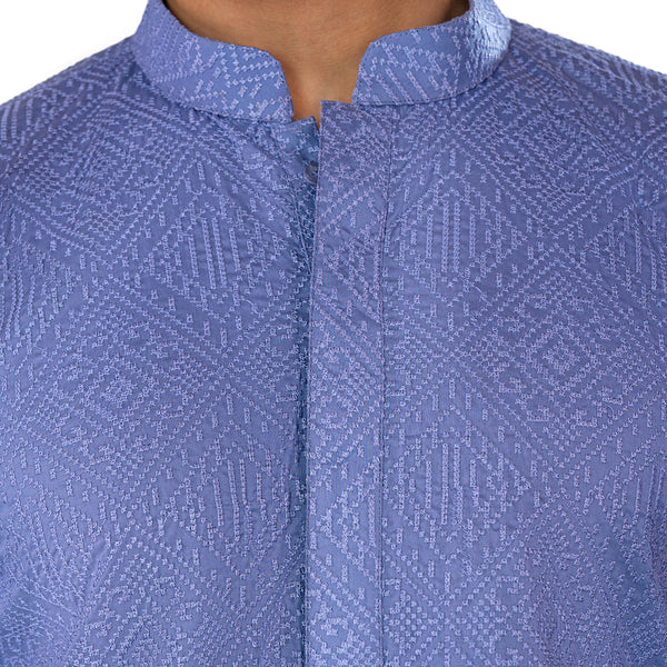 Blue Embroidered Kurta in Cross-Stitch Pattern