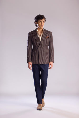 Brown Pinstripe Double-Breasted Sport Jacket in Linen Cashmere & Silk
