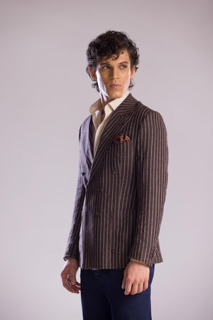 Brown Pinstripe Double-Breasted Sport Jacket in Linen Cashmere & Silk