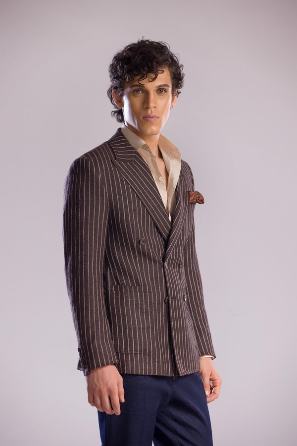Brown Pinstripe Double-Breasted Sport Jacket in Linen Cashmere & Silk