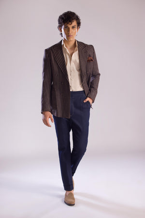 Brown Pinstripe Double-Breasted Sport Jacket in Linen Cashmere & Silk