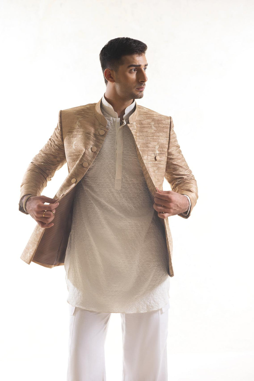 Embroidered Bandhgala Jacket with Ikat Pattern in Beige & Gold