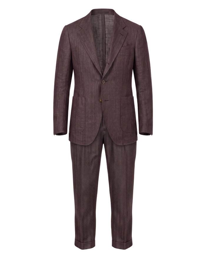 Convertible Mandarin-Collar Suit in Brown Linen