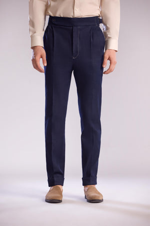Pleated Tailored Slacks in Denim by Mohtaram