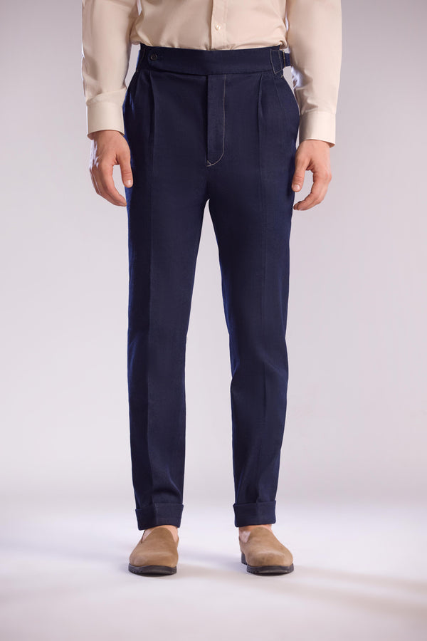 Pleated Tailored Slacks in Denim by Mohtaram
