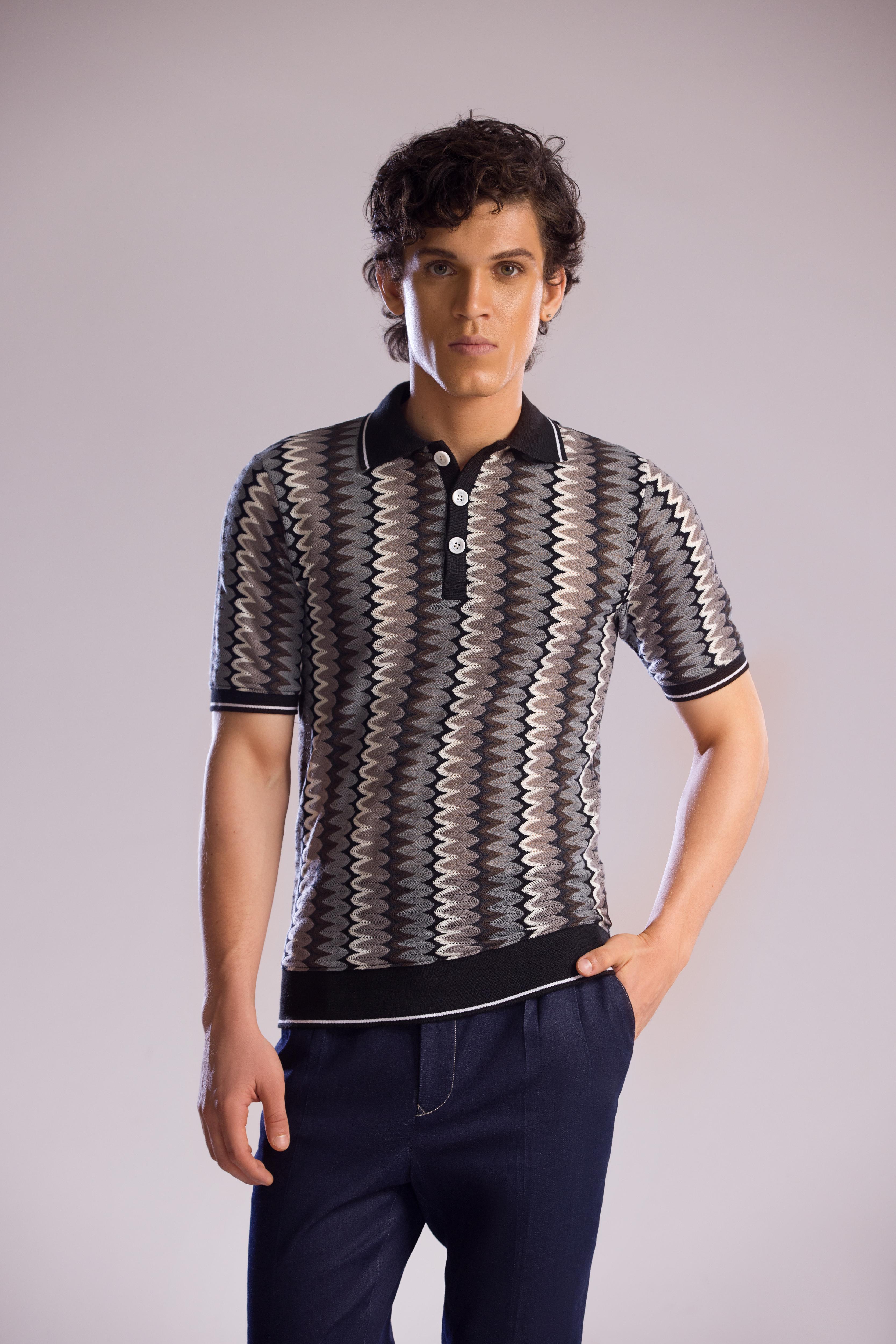 Jacquard Knit Polo Shirt with Zig-Zag Pattern | Mohtaram