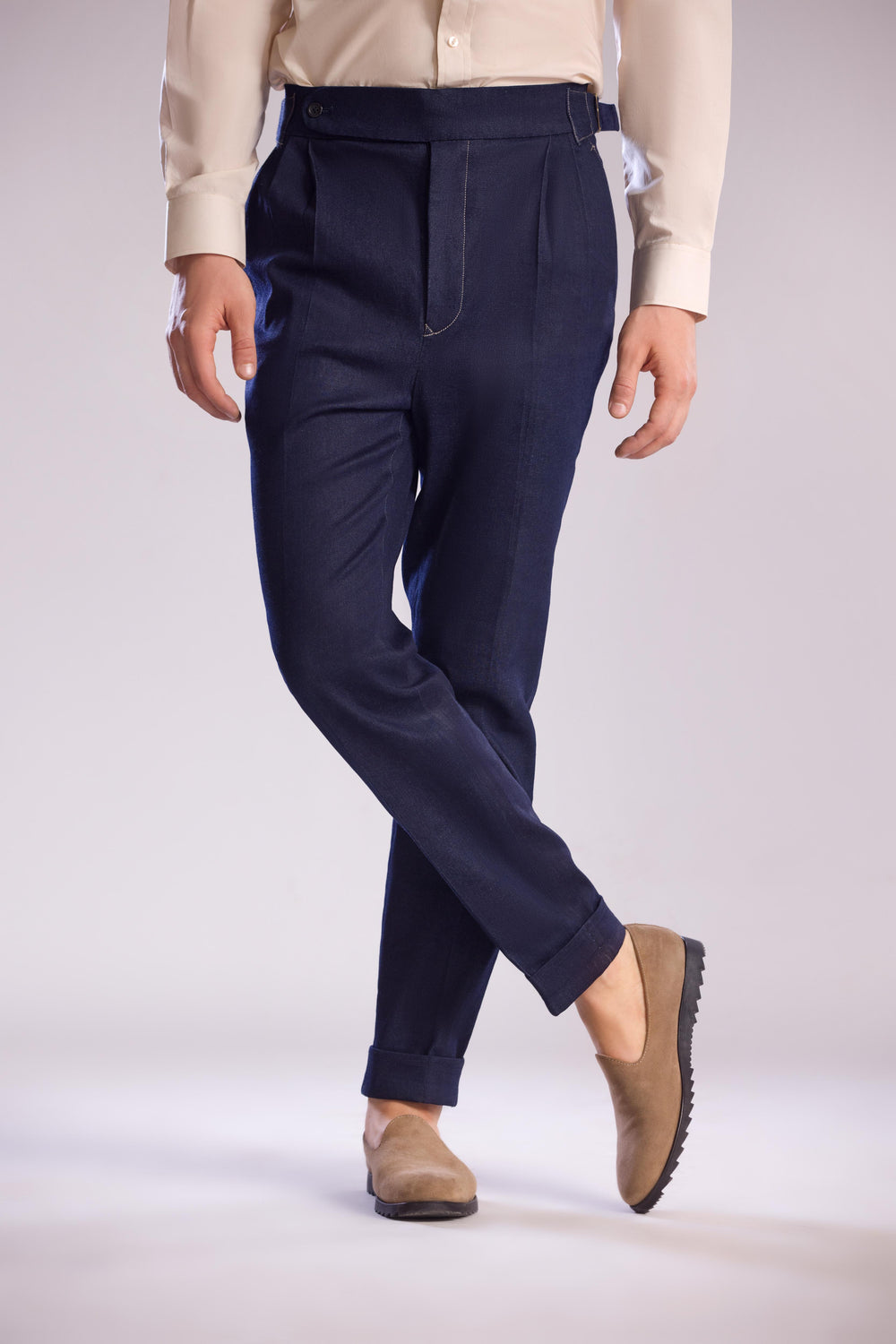 Pleated Tailored Slacks in Denim by Mohtaram