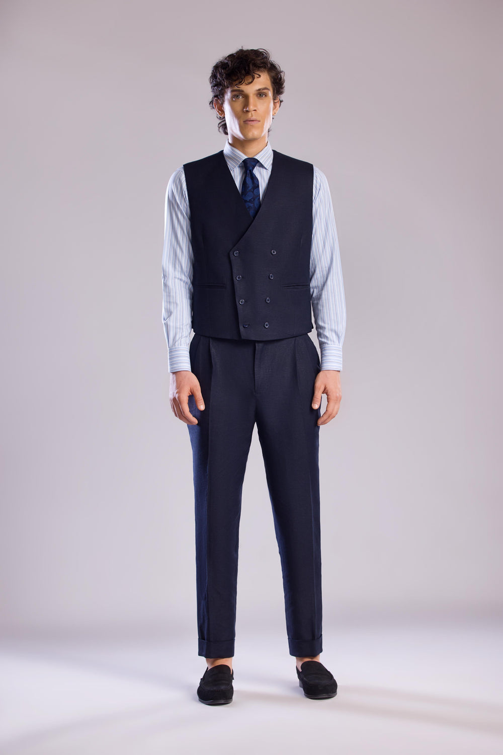 Mohtaram - Linen Double-Breasted Vest with V Neck in Midnight Blue