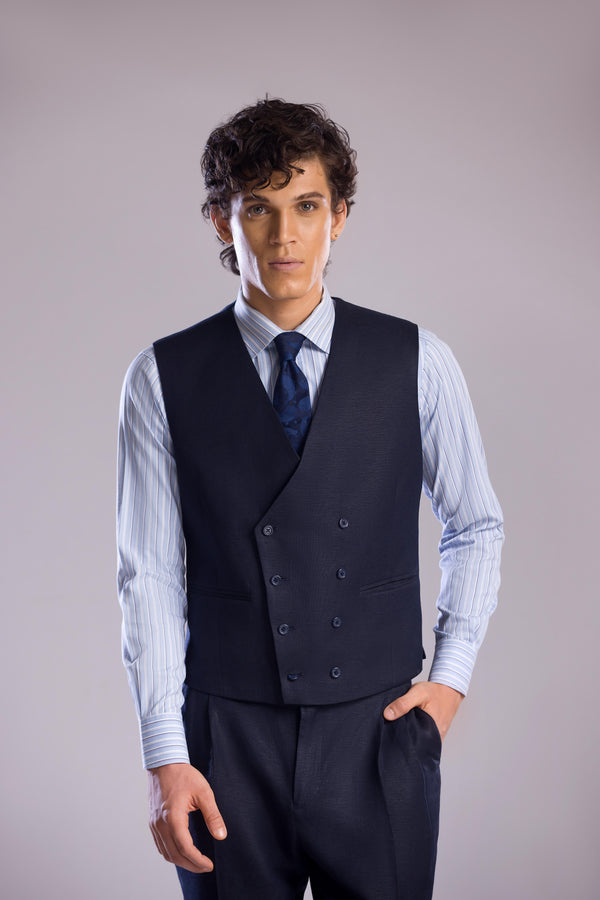 Mohtaram - Linen Double-Breasted Vest with V Neck in Midnight Blue