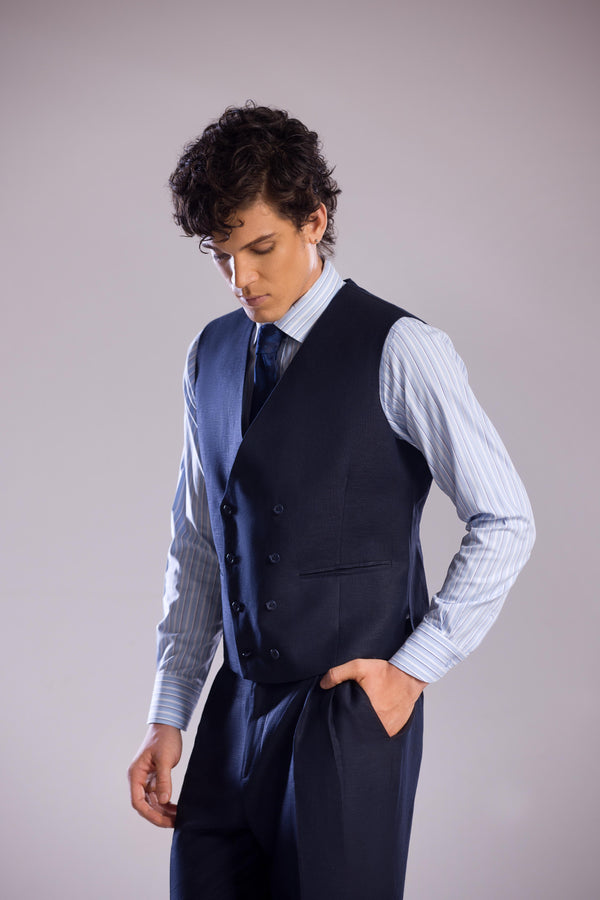 Mohtaram - Linen Double-Breasted Vest with V Neck in Midnight Blue