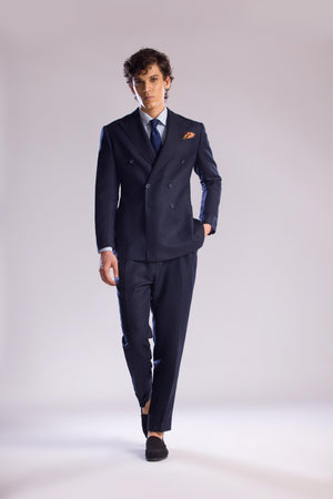 Mohtaram - Linen Double Breasted Suit in Midnight Blue