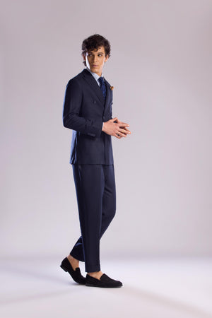 Mohtaram - Linen Double Breasted Suit in Midnight Blue