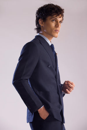 Mohtaram - Linen Double Breasted Suit in Midnight Blue