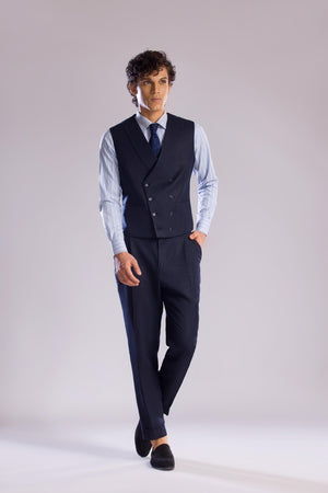 Mohtaram - Linen Double Breasted Vest with Shawl Lapel in Midnight Blue