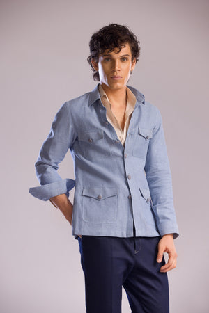 Linen Safari Overshirt in Sky Blue