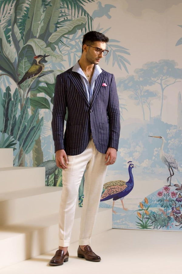 Mohtaram - Navy Pinstriped Sport Jacket in Wool, Silk & Linen