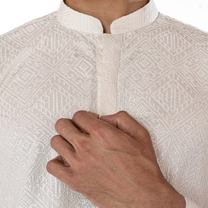 Off-White Embroidered Kurta in Cross-Stitch Pattern