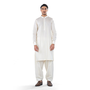 Off-White Kurta & Shalwar Set in Pima Cotton with French Cuffs