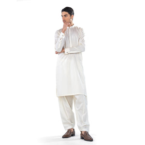 Off-White Kurta & Shalwar Set in Pima Cotton with French Cuffs
