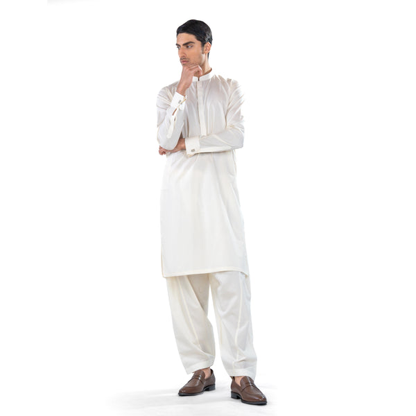 Off-White Kurta & Shalwar Set in Pima Cotton with French Cuffs