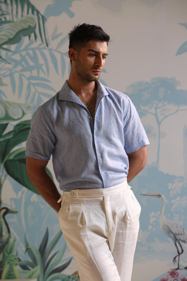 Sky Blue Linen Shirt with Short Sleeves & One Piece Collar by Mohtaram