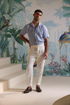 Sky Blue Linen Shirt with Short Sleeves & One Piece Collar by Mohtaram