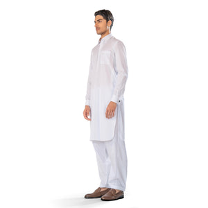 White Kameez & Shalwar Set in Pima Cotton with French Cuffs