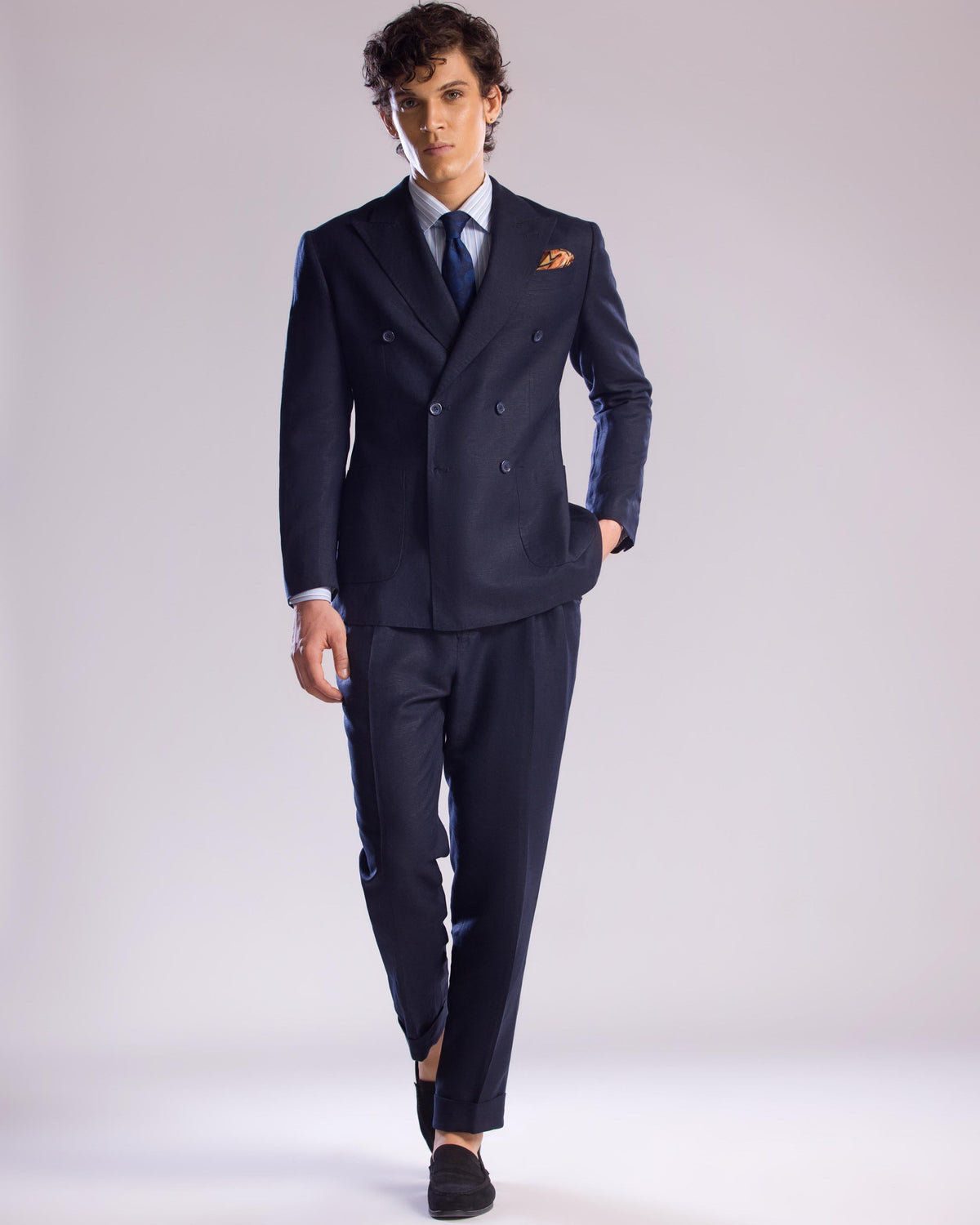 Linen Double Breasted Suit in Midnight Blue