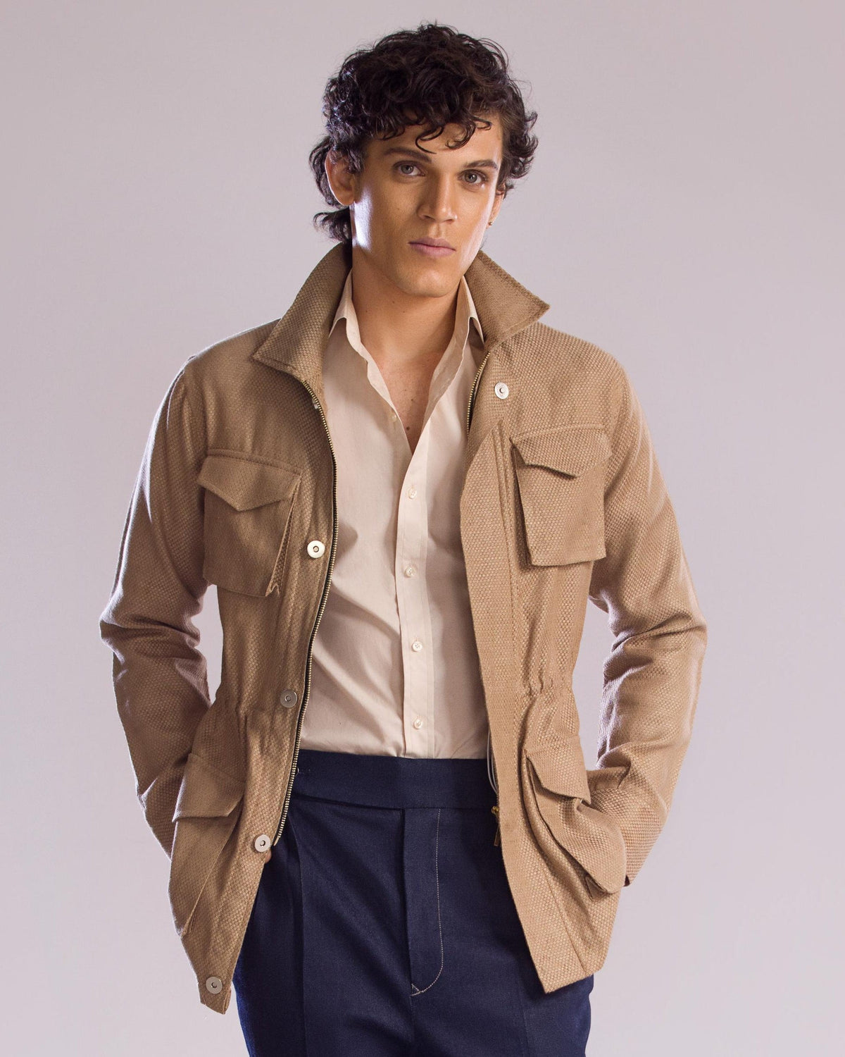 Linen Safari Overshirt with Zip & Button Closure and Patch Pockets