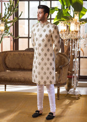 Sherwani in Ivory Raw Silk with Hand Embroidered Motifs