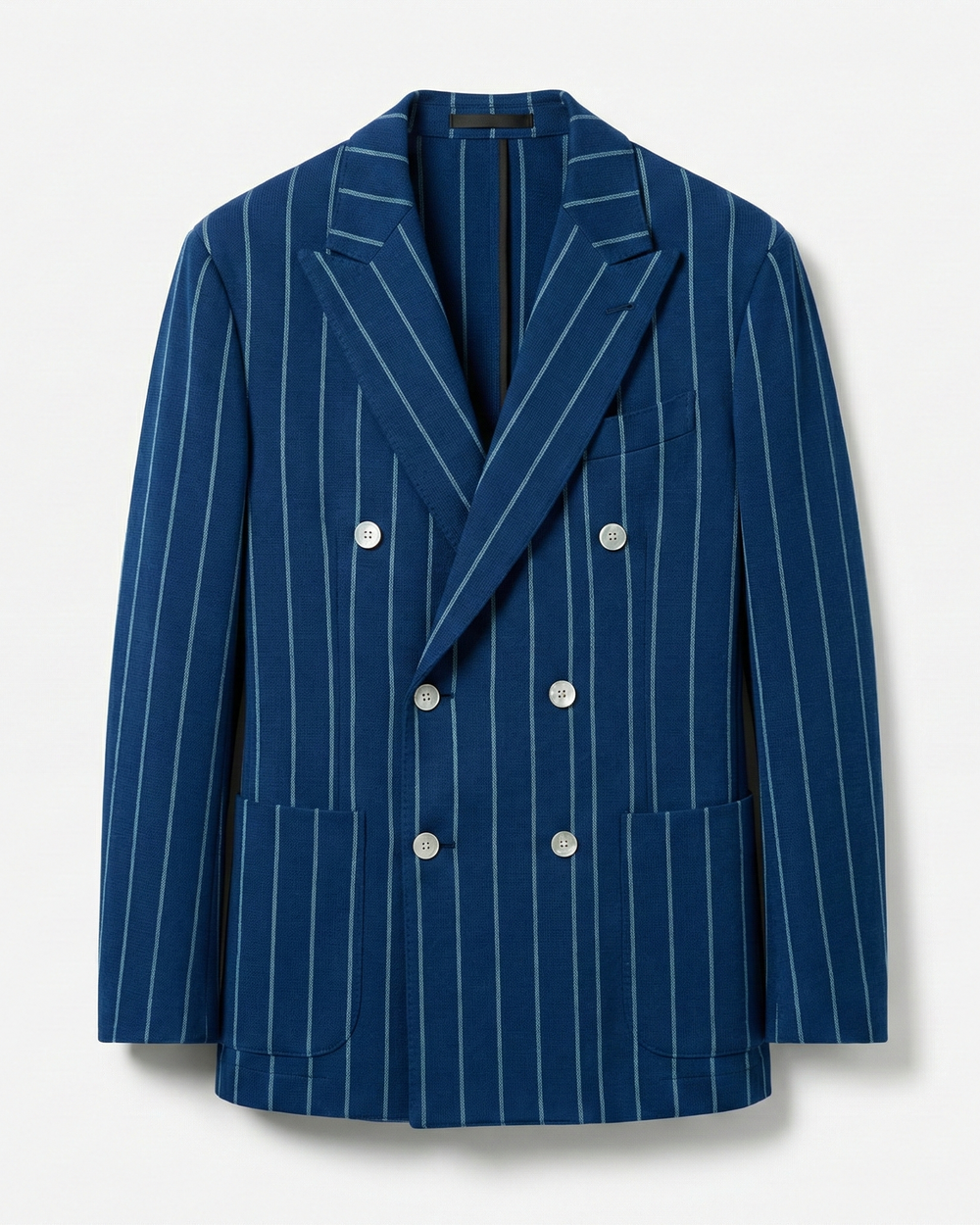 Blue pinstripe blazer with white buttons on a light gray background