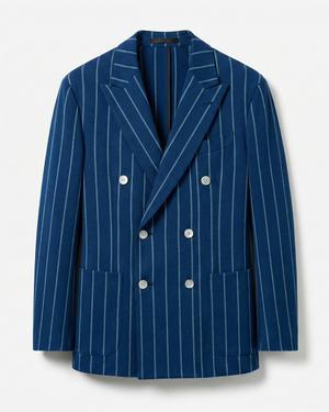 Blue pinstripe blazer with white buttons on a light gray background