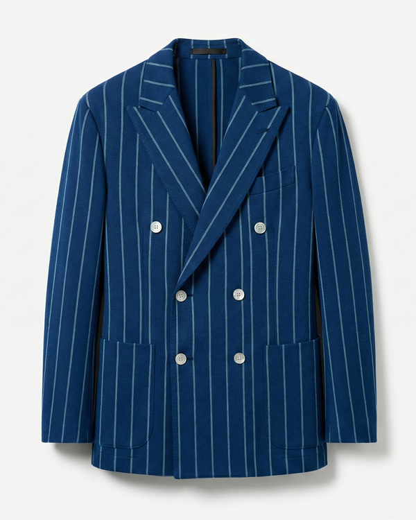 Blue pinstripe blazer with white buttons on a light gray background