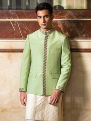 Mohtaram - Bandhgala Jacket in Arcadian Green Raw Silk