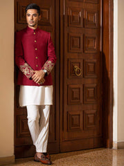 Bandhgalla Jacket in Red Raw Silk with Hand Embroidered Cuffs & Metallic Buttons