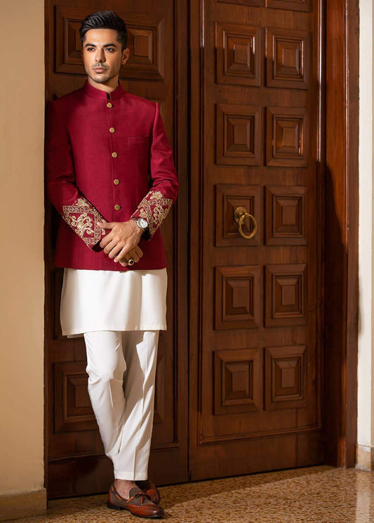 Bandhgalla Jacket in Red Raw Silk with Hand Embroidered Cuffs & Metallic Buttons