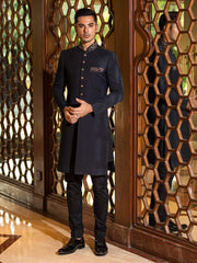 Black Sherwani in Karandi Jawiawar with Embroidery