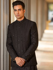 Bandhgalla Jacket in Black Raw Silk with Embroidery and Rhinestones