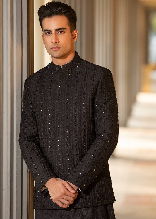 Bandhgalla Jacket in Black Raw Silk with Embroidery and Rhinestones