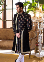 Sherwani in Black Velvet with Hand Embroidery