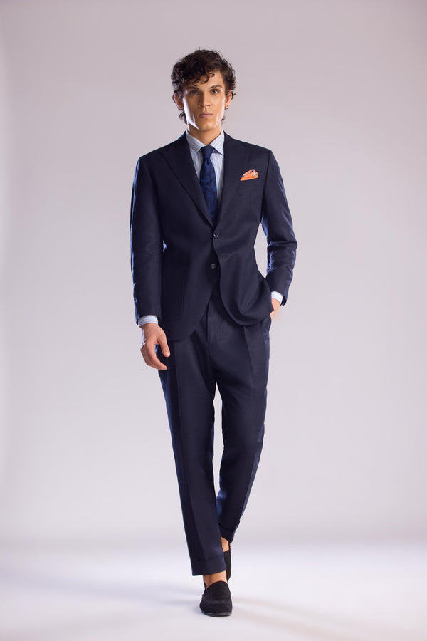 Mohtaram - 2-Piece Linen Suit with Peak Lapel in Midnight Blue