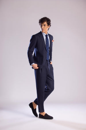 Mohtaram - 2-Piece Linen Suit with Peak Lapel in Midnight Blue