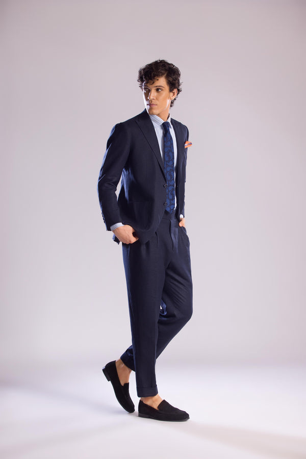 Mohtaram - 2-Piece Linen Suit with Peak Lapel in Midnight Blue