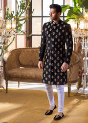 Sherwani in Black Velvet with Hand Embroidery