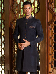 Black Sherwani in Karandi Jawiawar with Embroidery