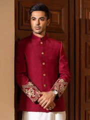 Bandhgalla Jacket in Red Raw Silk with Hand Embroidered Cuffs & Metallic Buttons