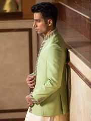 Mohtaram - Bandhgala Jacket in Arcadian Green Raw Silk