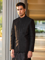 Bandhgalla Jacket in Black Raw Silk with Embroidery and Rhinestones