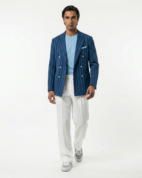 Man wearing a blue pinstripe blazer, light blue shirt, white pants, and gray shoes on a white background